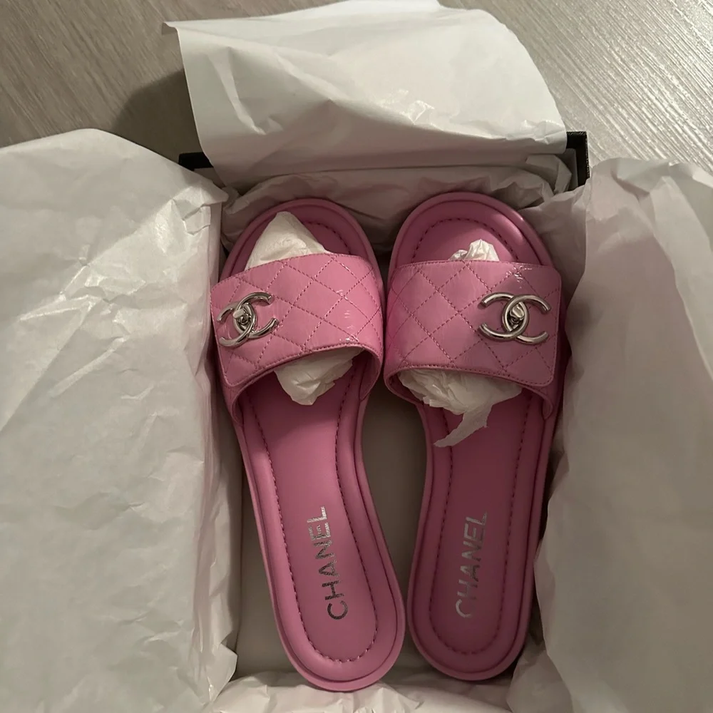 CHANEL | Shoes | Chanel 23p Pink Patent Slip On Turn Lock Sandals